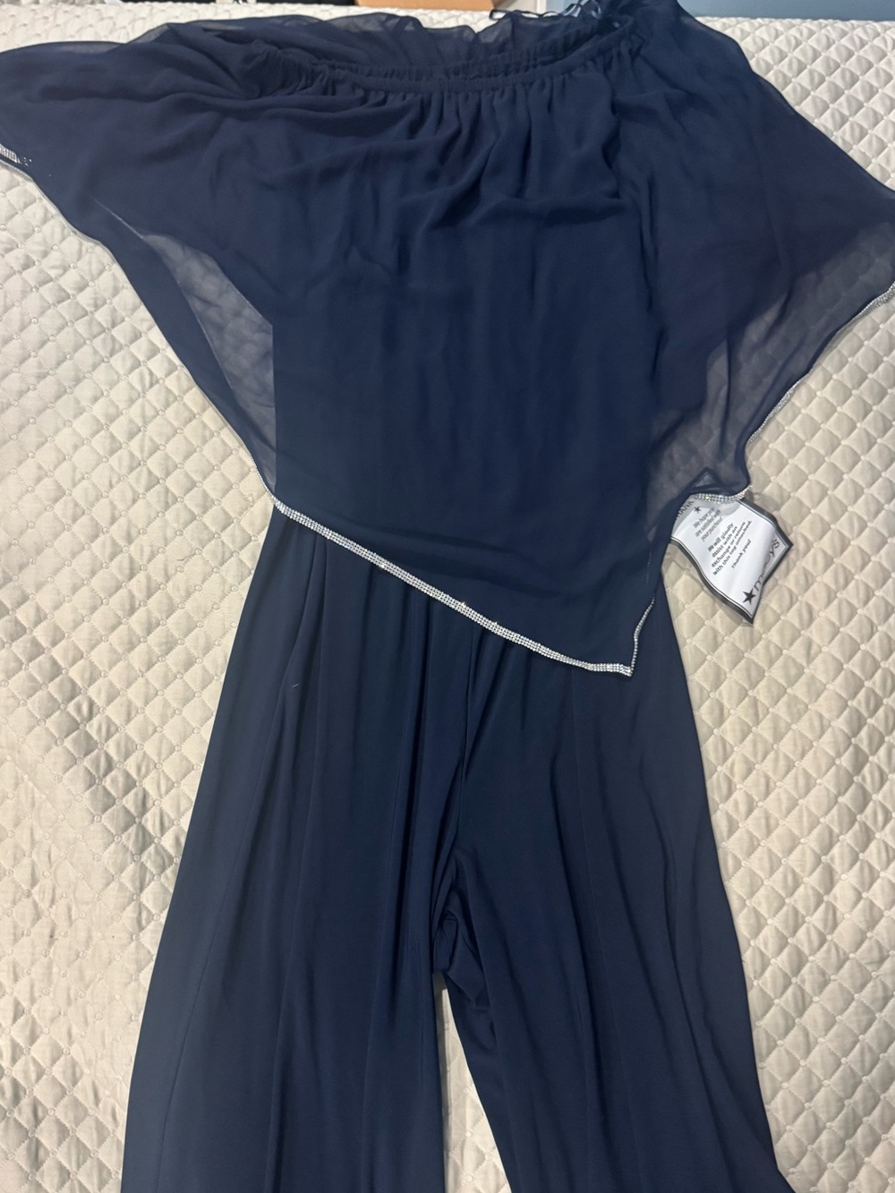 Women’s Navy Off-Shoulder Jumpsuit with Chiffon Overlay from Macy’s